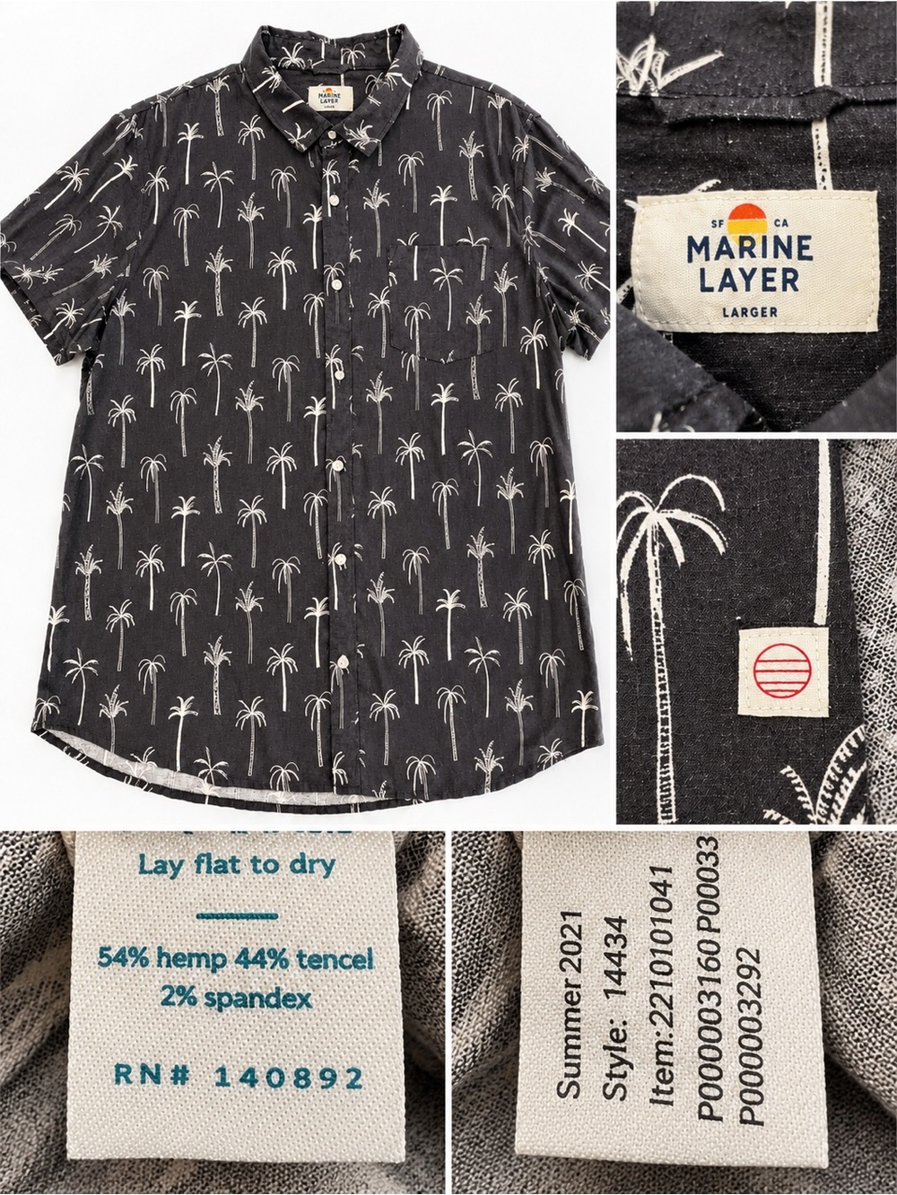 Marine Layer Black Palm-Print Short-Sleeve Button-Up Shirt